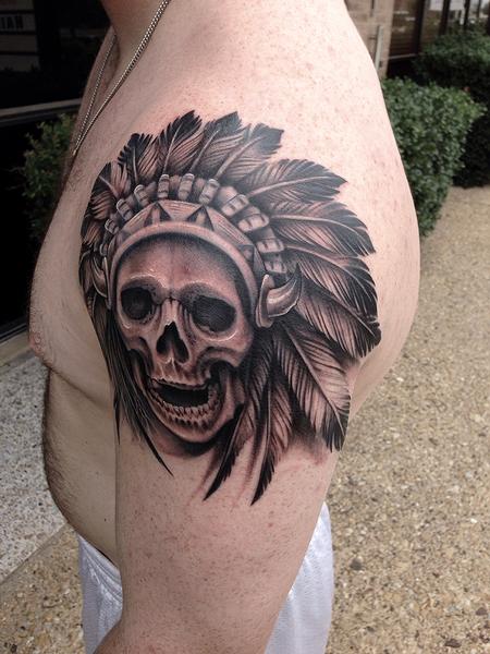 Tattoos - Black and Grey Skull and Headdress Tattoo - 91951
